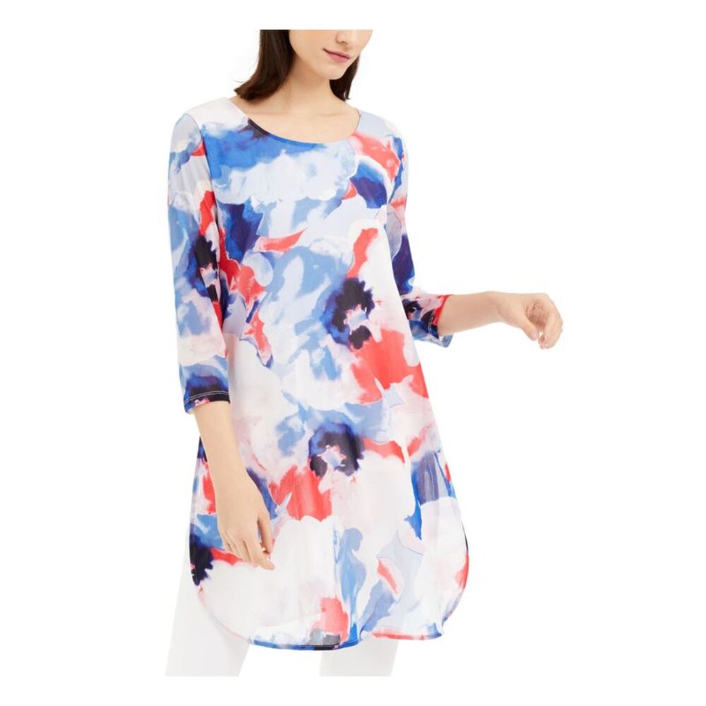 ALFANI Womens White Sheer Lined Pull On Styling Printed  Tunic Top Petites PP